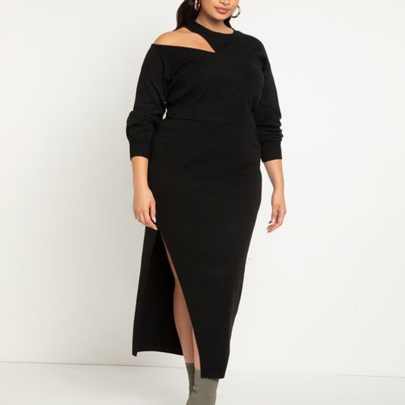 Black Cutout Shoulder Cropped Sweater Dress - Picture 1 of 6